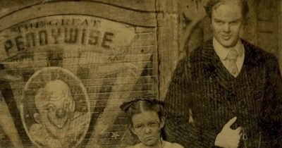 An old picture of Pennywise with his daughter back when Derry, Maine was still a camp for trappers from the trailer of IT: Chapter Two..