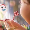 A scene of Bonnie holding up Forky, her new favorite toy made of a spork from a garbage can, in Toy Story 4.