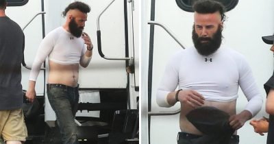 Keanu Reeves Appears Unrecognizable With Bushy Beard And Mohawk Hairdo on set Bill & Ted 3